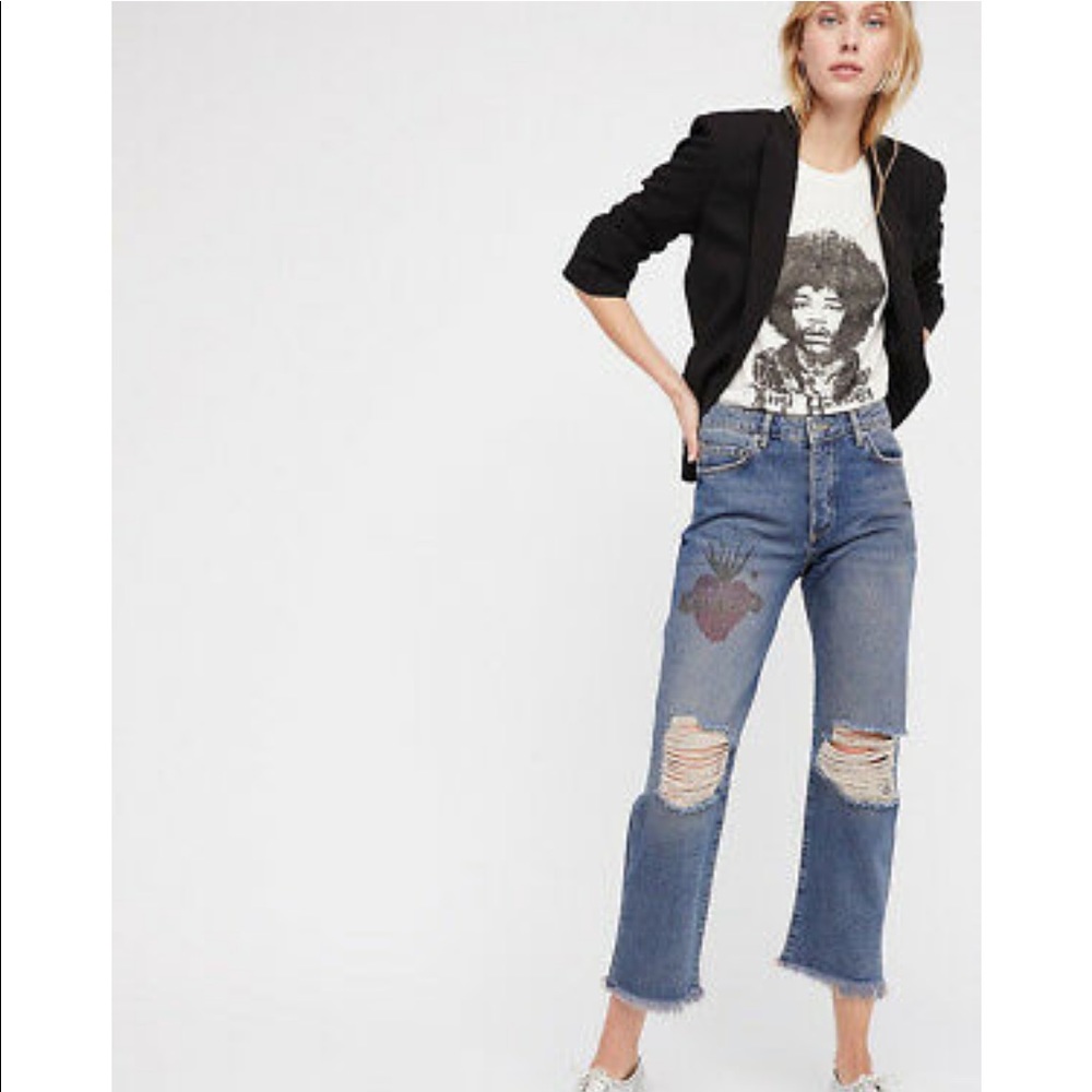 Free People Tattooed BF Destroyed Frayed Hem Jeans